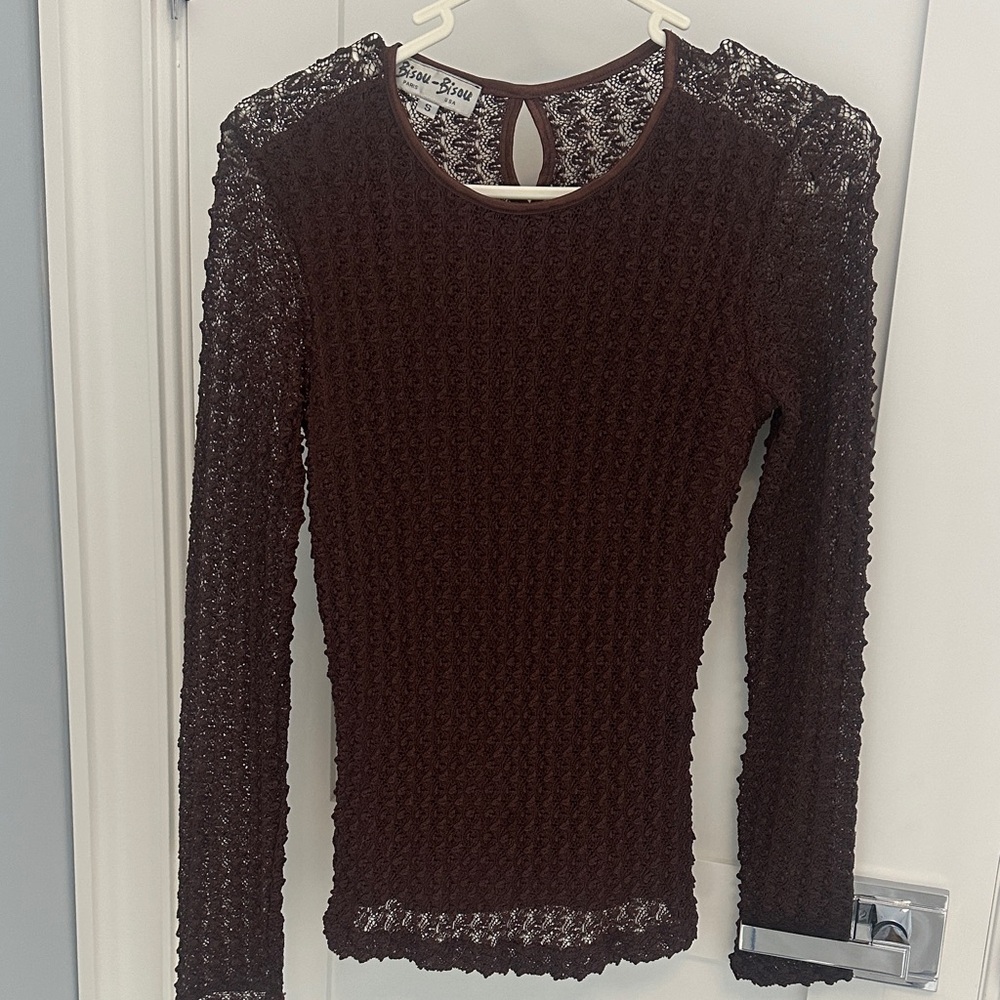 Bisou-Bisou Paris, France designer Dark Brown Lace Long Sleeve Blouse